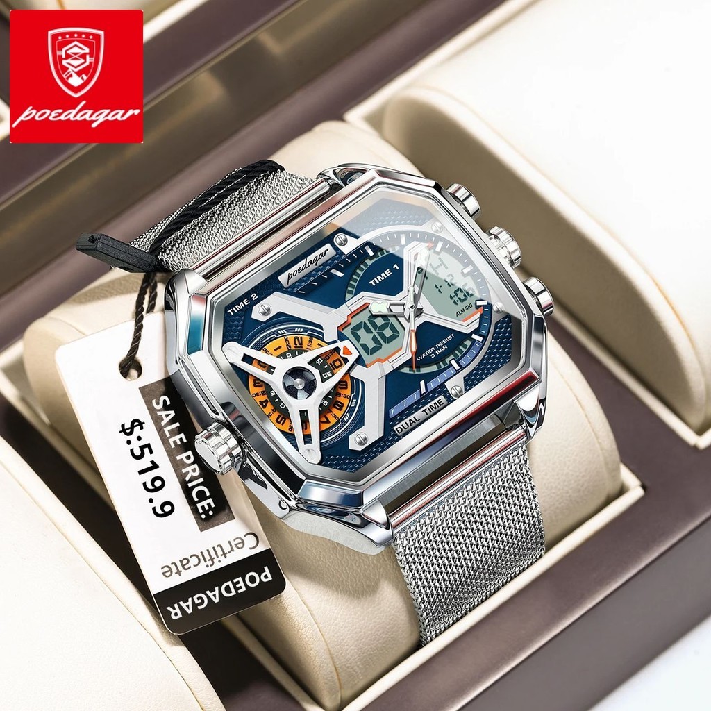 Poedagar แฟชั่นนาฬิกาผู้ชายสี่เหลี่ยมกันน้ําวันที่สัปดาห์ LED นาฬิกาผู้ชายอิเล็ก