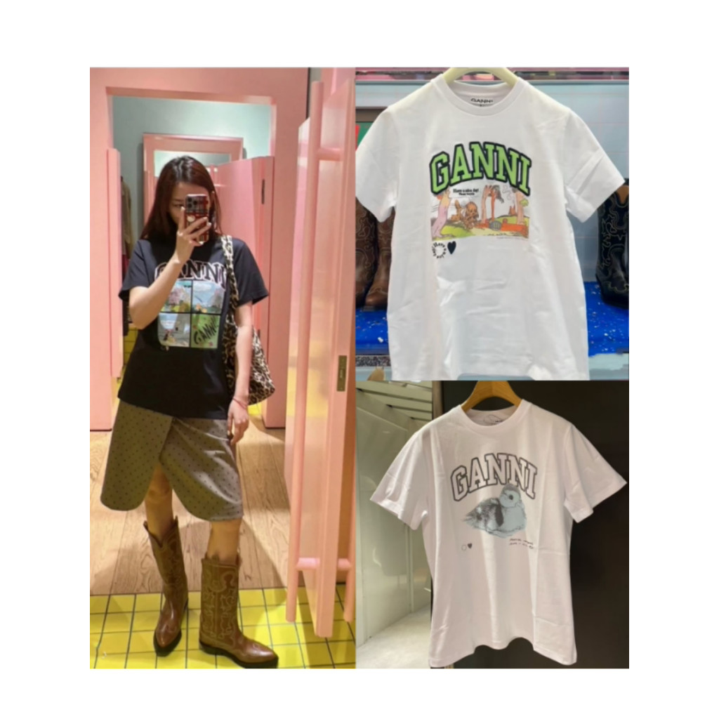 Ganmi รูปแบบใหม่สนุกการ์ตูนพิมพ์รอบคอกางเกงขาสั้นเสื้อยืดสุภาพสตรีด้านบน