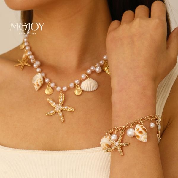 MOJOY Boho Shell Chain Pearl จี้สร้อยคอและสร้อยข้อมือ เครื่องประดับสไตล์ทะเลสำหรับหน้าร้อน เป็นของขวัญที่perfect