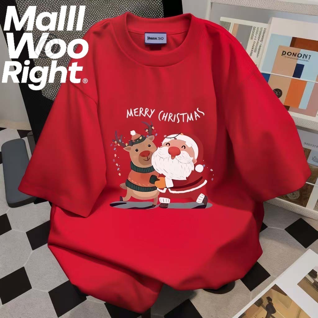 (จัดส่งตลอด 24 ชั่วโมง)Woo Right สีแดงสบาย ๆ ผ้าฝ้ายแขนสั้นคริสมาสต์ธีมเสื้อยืดซานตาคลอสกวางพิมพ์เสื้อ