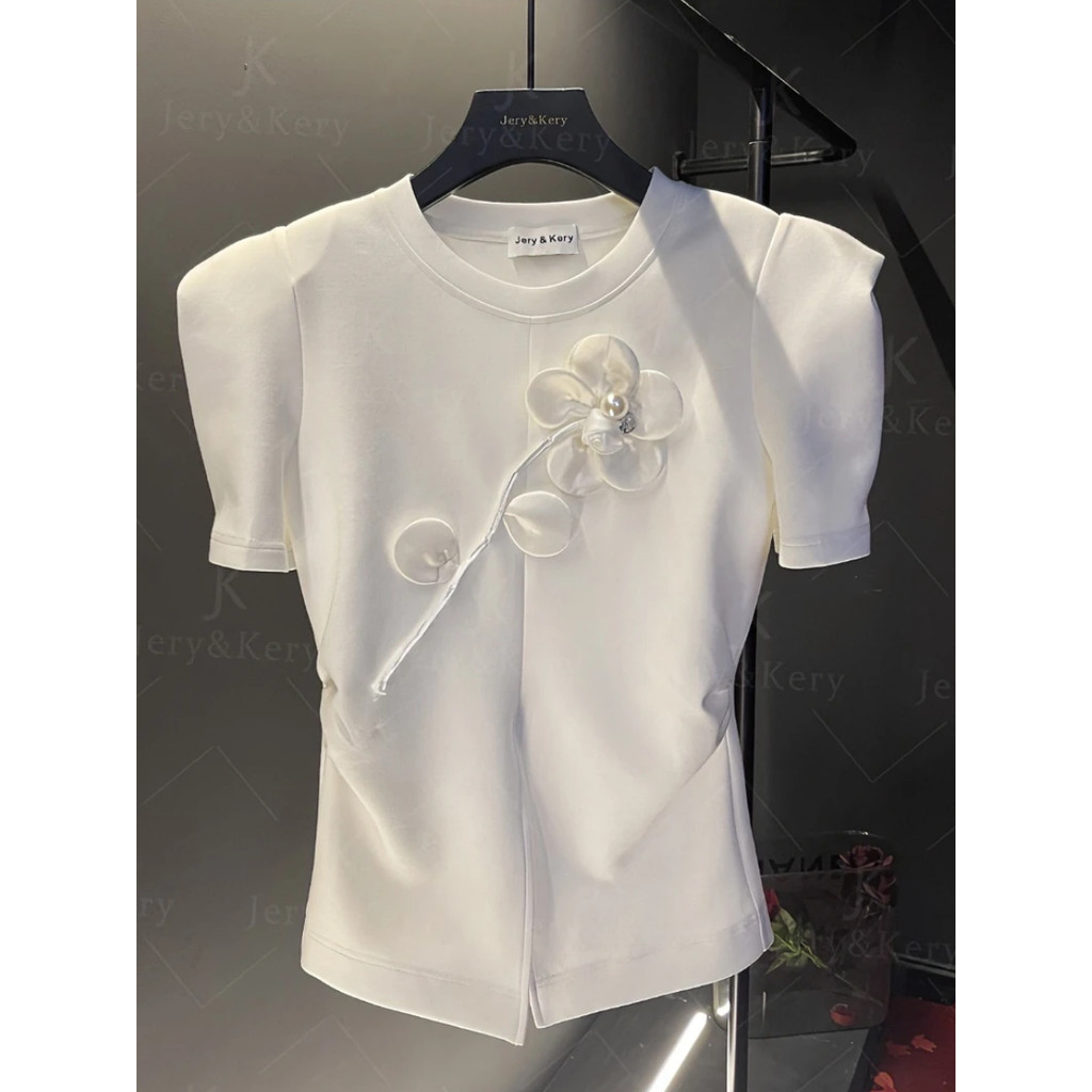 Elegant waist split fork nail beads three-dimensional flower short sleeve T-shirt 2023 new slim fit 