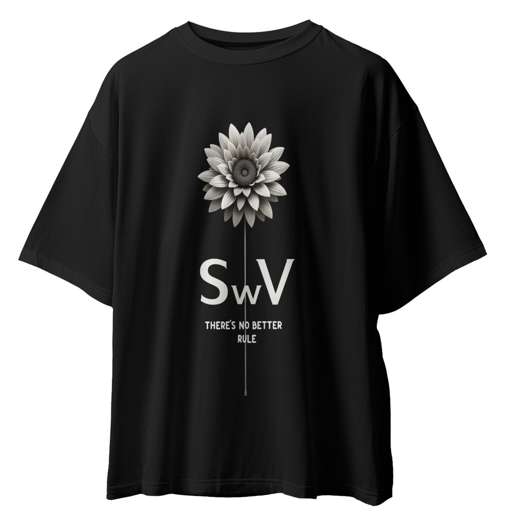 KEMEJA Flower with SwV Logo all season 200g ผ้าฝ้ายด้านเดียวพิมพ์ลูกเรือคอสั้นเสื้อยืดเสื้อสีดํา