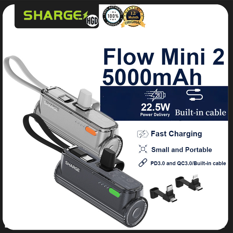 Shargeek/Sharge Flow Mini 2 Power Bank 22.5W Max สายเคเบิลในตัวแบบพกพา Mini Powerbank
