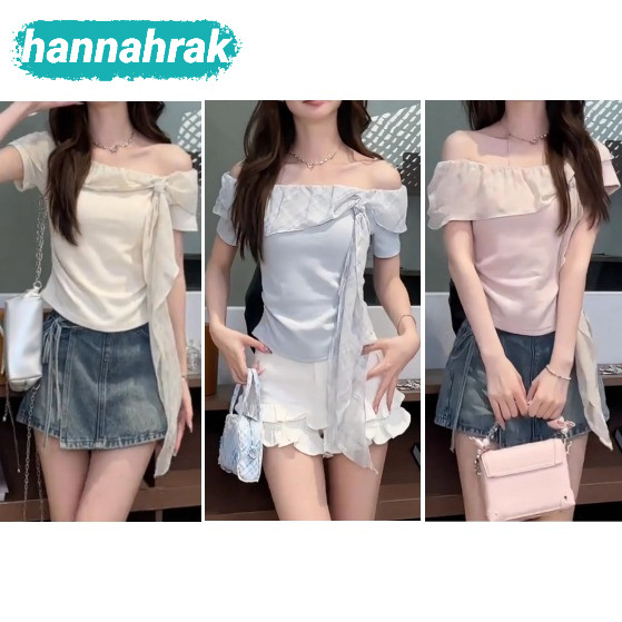 (ส่งจากกรุงเทพฯ)เสื้อแฟชั่นผู้หญิงเสื้อยืดหรูหราเสื้อยืดโบว์ไหล่เย็นอสมมาตรธรรมดาสําหรับผู้หญิง(สีน้ำเงิน/ชมพู/แอปริคอท)