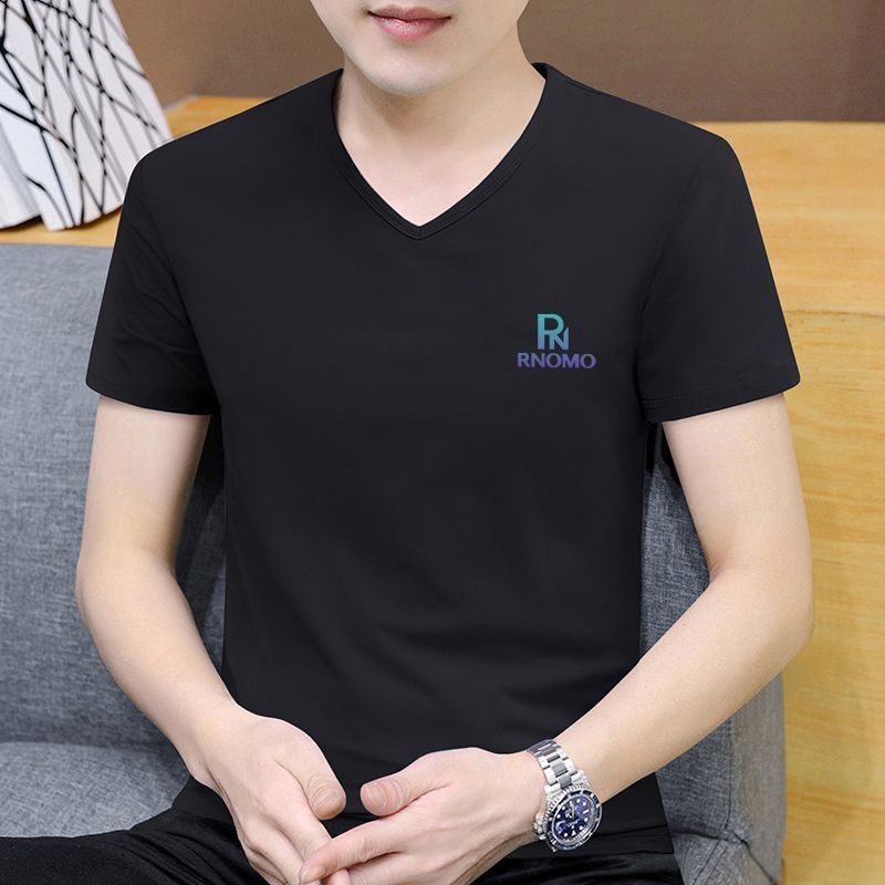 2025 เสื้อยืดคอวีผ้าฝ้ายผู้ชายแบบสลิมฟิตใหม่จากเกาหลี - เรียบง่าย นิช และหลากหลาย