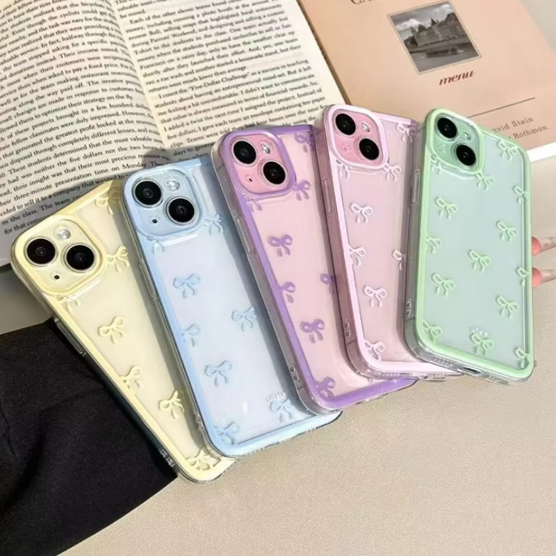 น่ารัก Macaron Candy สีโบว์เคสโทรศัพท์สําหรับ iPhone 16 15 14 13 12 11 Pro Max 16E XR X XS Max 7 8 Plus แฟชั่นสีสัน Bowknot กันกระแทก Clear นุ่มปกหลัง