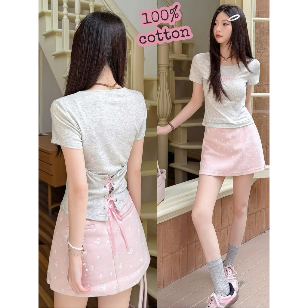 Velca พร้อมส่ง คอกลมปัก  เสื้อยืดฤดูร้อนสำหรับผู้หญิง   ดูผอมใส่สบาย เซกซี่ ผ้าใส่สบาย สไตล์เกาหลี