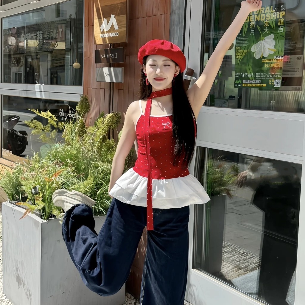 JJ Shop​ พร้อมส่ง เสื้อกั๊กลายจุดสีแดงของผู้หญิงปี 2025 สายเอี๊ยมฤดูร้อนใหม่ ชายกระโปรงจับจีบ ทรงเข้ารูป “Y9910-1” ราคา ถูกที่สุด ดีลบีเคเค แกลเลอรีภาพที่ 9