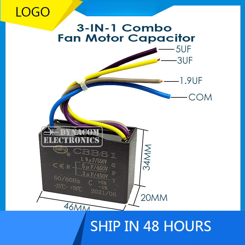 1.9uF 5uF 3uF มอเตอร์พัดลมเริ่มต้น Combo Capacitor 3-in-1 [ Kondenser Kipas Angin Combo ]