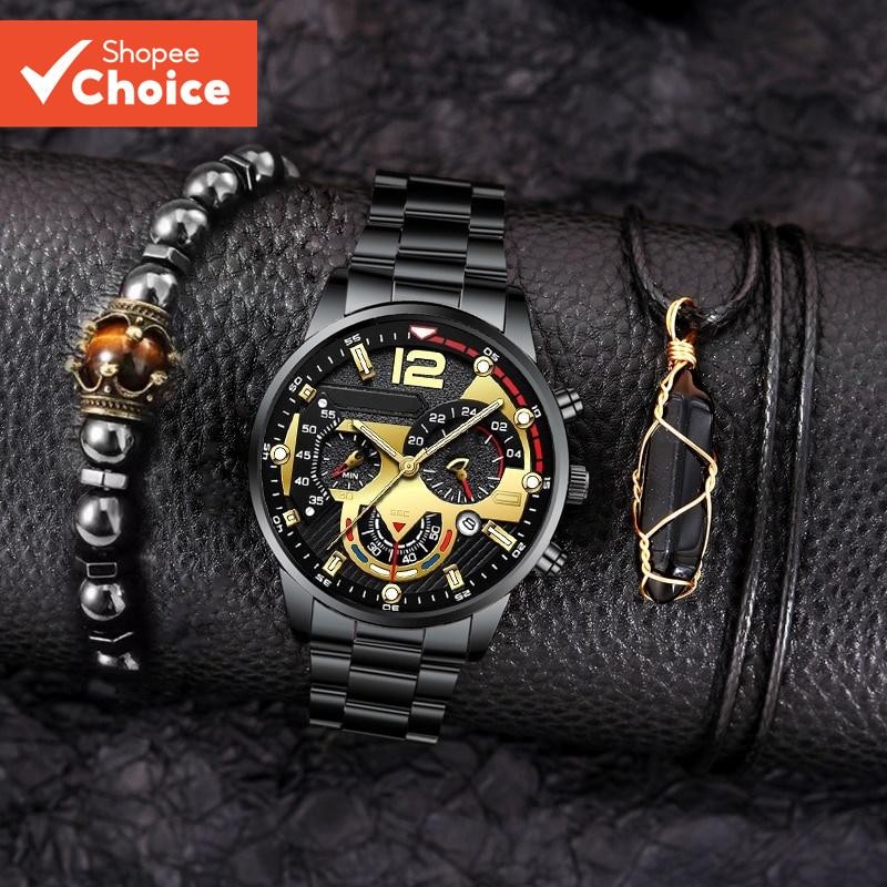 Mens Luxury Gold Tone สแตนเลสสตีลควอตซ์นาฬิกาปฏิทิน Luminous มือธุรกิจ Elegant อินเทรนด์อเนกประสงค์สวมใส่ทุกวันอย่างเป็นทางการ