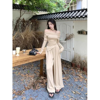 ชุดเซ็ต2ชิ้น สีพื้น / สีดำ เสื้อแขนยาว คอถ่วง จับจีบเอว ชายเสื้อแหลม+กางเกงขายาวยางยืด กระเป๋า2ข้าง #9252