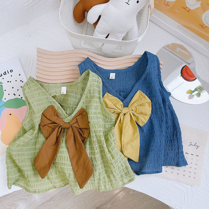 ฤดูร้อน เสื้อกล้ามแขนกุดโบว์สำหรับเด็กผู้หญิง สไตล์เกาหลี เสื้อสายเดี่ยวสีพื้นสำหรับเด็ก - รูปที่ 3