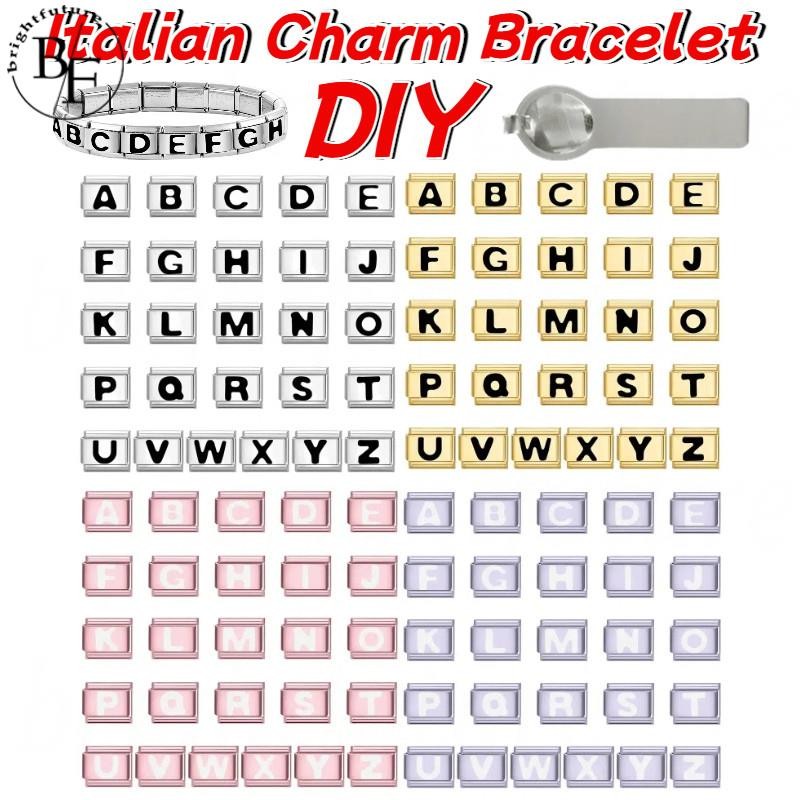 สร้อยข้อมือสแตนเลส DIY ขนาด 9 มม. พร้อมชาร์มตัวอักษรภาษาอังกฤษและอิตาลี 26 ตัว อุปกรณ์เสริมสไตล์เรโทร 4 สี