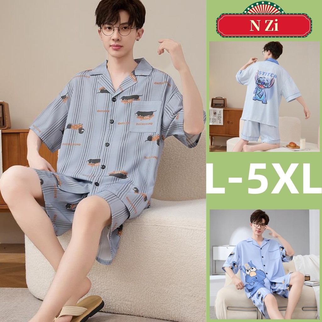 L-5XL ชุดนอนผู้ชายผ้าไหม Plus ขนาด แขนสั้น ชุดฤดูร้อน สวมใส่สบาย Nightwear