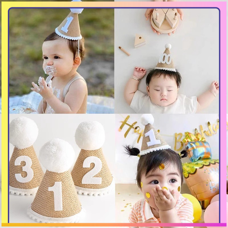 หมวกวันเกิดสำหรับเด็กอายุ 1 ปี 2 ปี หมวกวันเกิดเด็ก หมวกผ้าลินิน อุปกรณ์ถ่ายภาพ 8VON