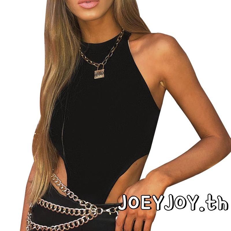 JOEYJOY-ชุดบอดี้สูทเชือกแขวนคอแขนกุดสําหรับผู้หญิง Summer High Neck Bandage Slim Stretch Tops