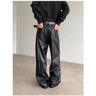 ASRV American High Street การตัดเย็บสามมิติผู้ชายสีดำกางเกงหนัง PU บานตรง