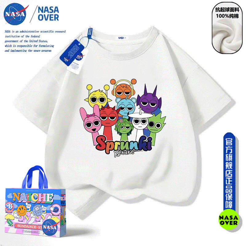 [100-160] NASA Co-Branded การ์ตูน Rhythm กล่องเสื้อผ้าเด็กเสื้อยืดแขนสั้นชายหญิงเด็กฤดูร้อนขนาดกลางเด็กใหญ่แฟชั่นเสื้อผ้าชั้นนํา