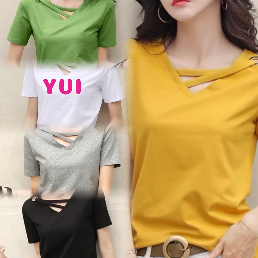 💗YUI💗   เสื้อยืดคอวี ผ้านุ่ม มีไขว้ที่คอแต่งเก๋ๆ สไตล์เกาหลี #E01