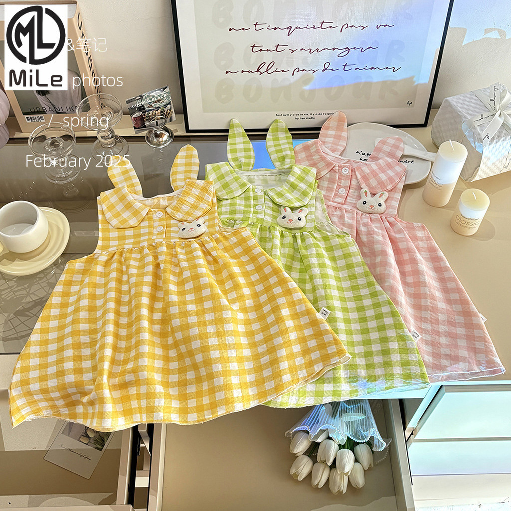 [มล] 80-140ซม สาวตุ๊กตาปกกระต่ายหูชุดฤดูร้อนน่ารักลายสก๊อตเสื้อกั๊กชุดกระต่ายชุดเจ้าหญิง