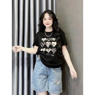เสื้อยืดผู้หญิง สไตล์ไทย มีดีไซน์ลอยน้ำ ดีไซน์หัวใจ แขนสั้นพิมพ์ลาย