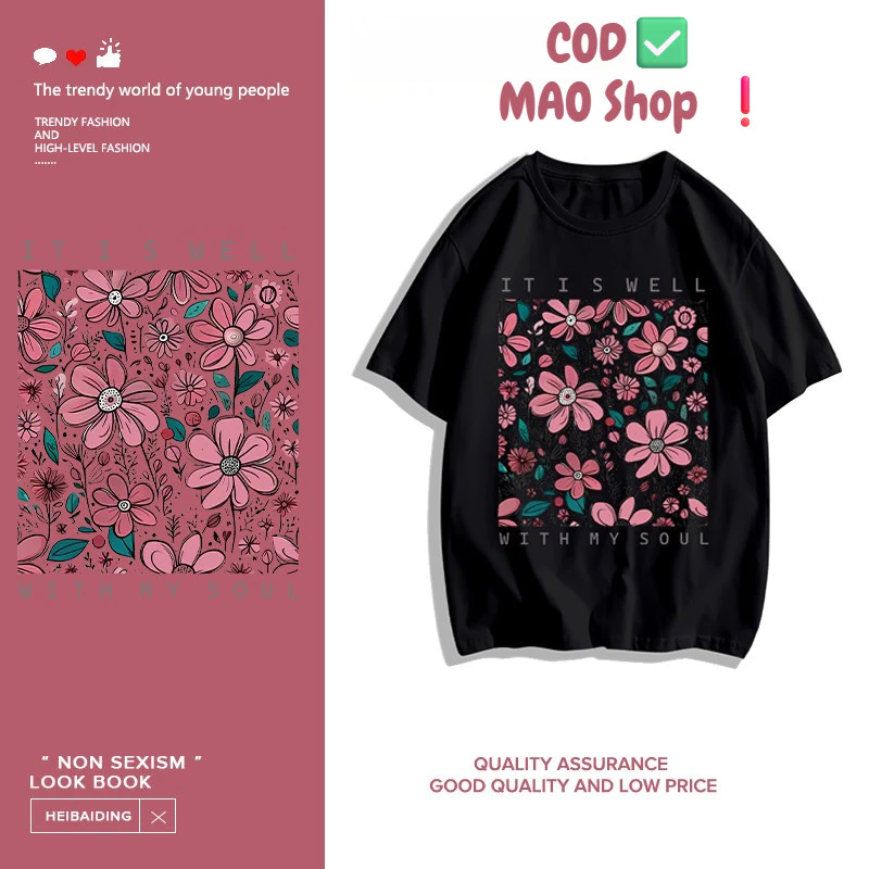 เสื้อยืดคอตตอน 100% ลายดอก แขนสั้นคอกลม สำหรับผู้หญิง