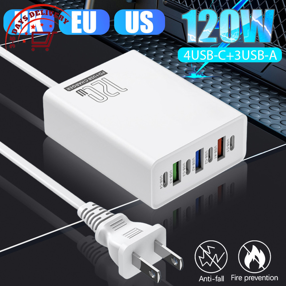 [จัดส่ง 3-5 วัน]สถานีชาร์จ USB 120W 4PD + 3A พอร์ตชาร์จเร็วสําหรับ iPhone 15/MacBook, 95 ซม.พร้อมปลั๊ก US/EU/UK, PC + ABS ทนไฟ Travel Adapter