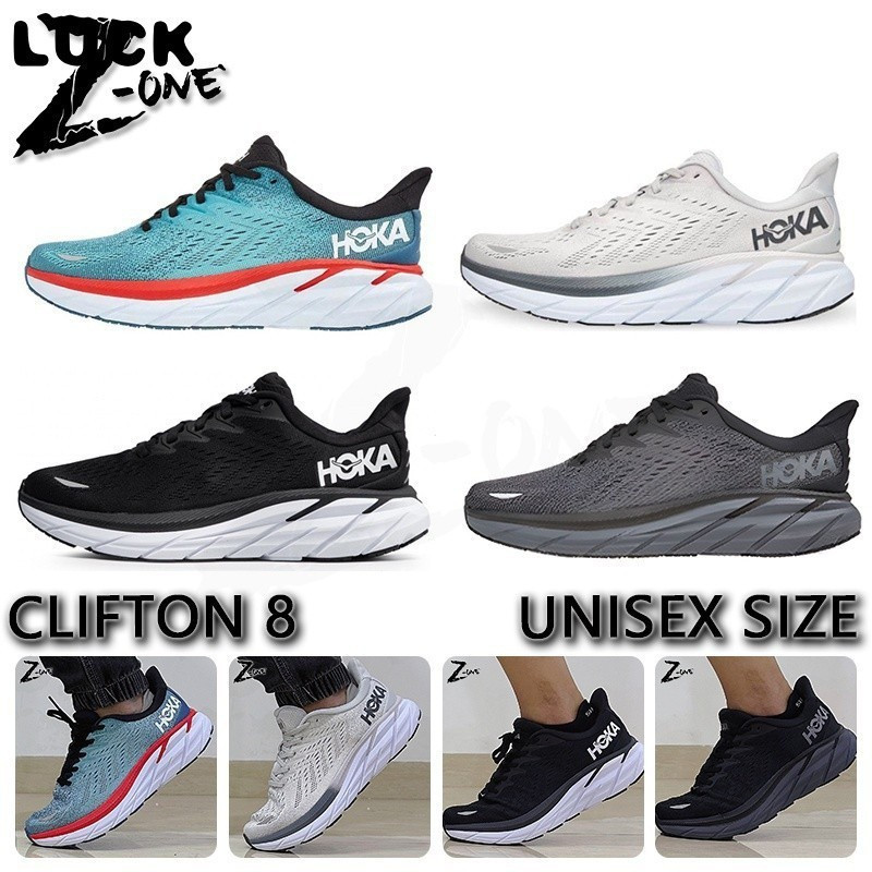 One Piece - ผู้หญิงและผู้ชาย Ready Stock, รองเท้าวิ่ง Hoka One Clifton 8 Wide 2E, พร้อม YY77 Box P0R