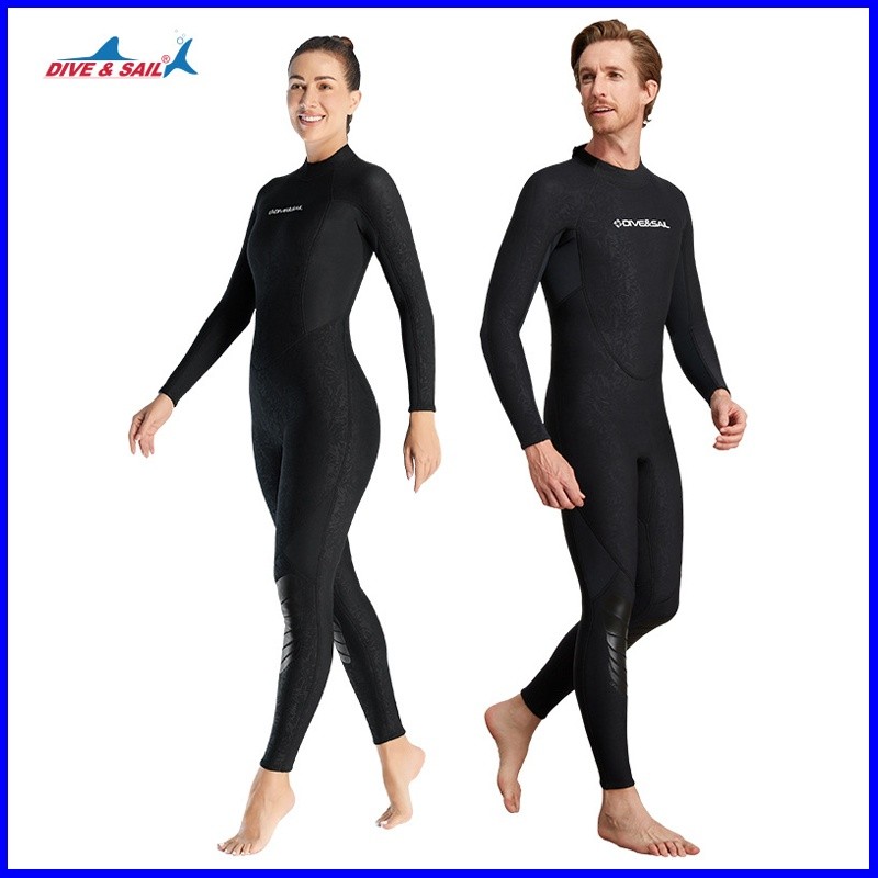 พร้อมสต็ock DIVE & SAIL 1.5 มม. Wetsuit สำหรับผู้ชายนและผู้หญิง หนึ่งชิ้น สไตล์ Neoprene One-Piece Warm ด้านหลังซิป.Dark ออกแบบ穿戴膝垫的潜水服
