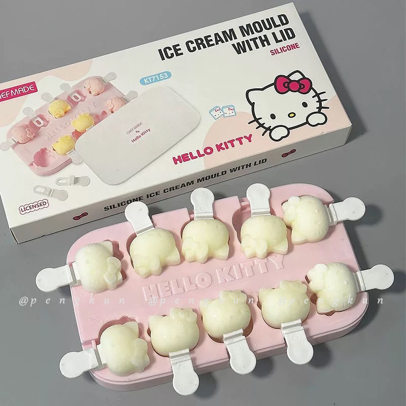 น่ารัก hellokitty แม่พิมพ์ไอศกรีมซิลิโคนเกรดอาหาร กดเดียวทําง่าย ถาดน้ําแข็งโฮมเมด แช่แข็งก้อนน้ําแข็ง