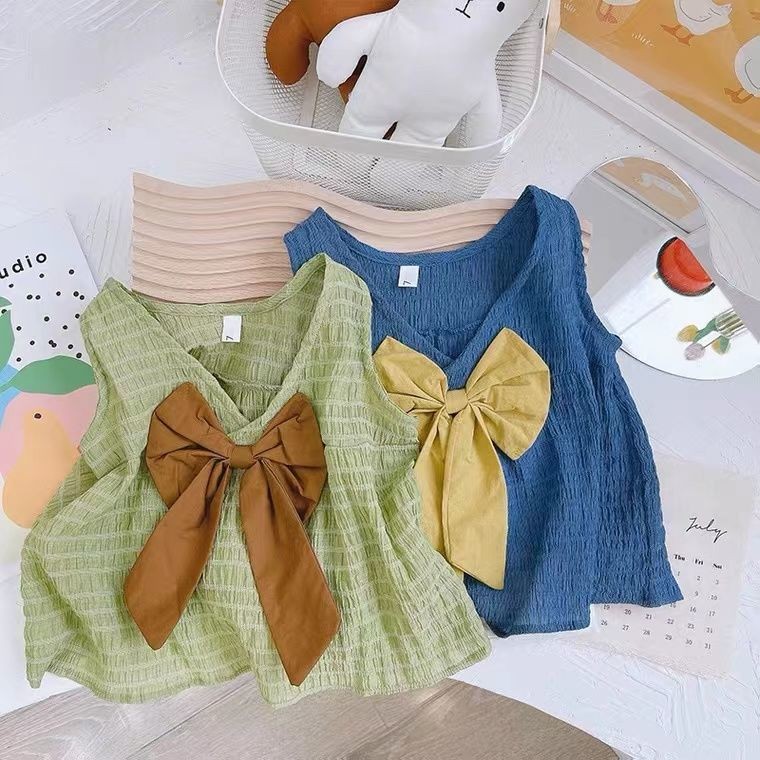 ฤดูร้อน เสื้อกล้ามแขนกุดโบว์สำหรับเด็กผู้หญิง สไตล์เกาหลี เสื้อสายเดี่ยวสีพื้นสำหรับเด็ก