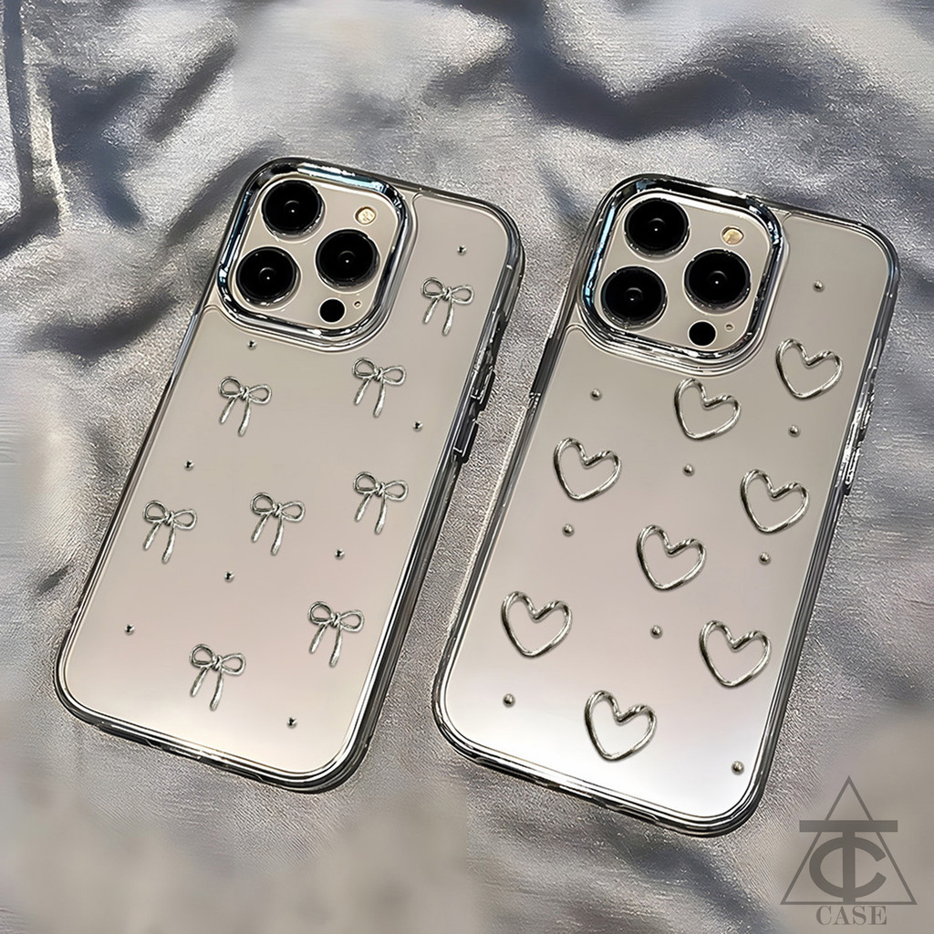 เคส TPUใสชุบไฟฟ้าสุดหรู Samsung A56 A06 A16 A55 A54 A36 A15 A12 A26 A05 A22 A73 S22 S23 S24 S25 Ultra ลายโบว์หัวใจสีเงิน