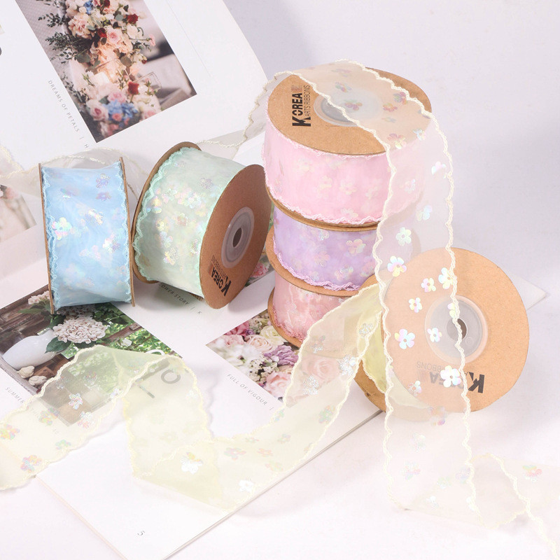 3.8cm Single-sided Sequin Laser small Flower Ribbon DIY Bow 10 Yards per Roll