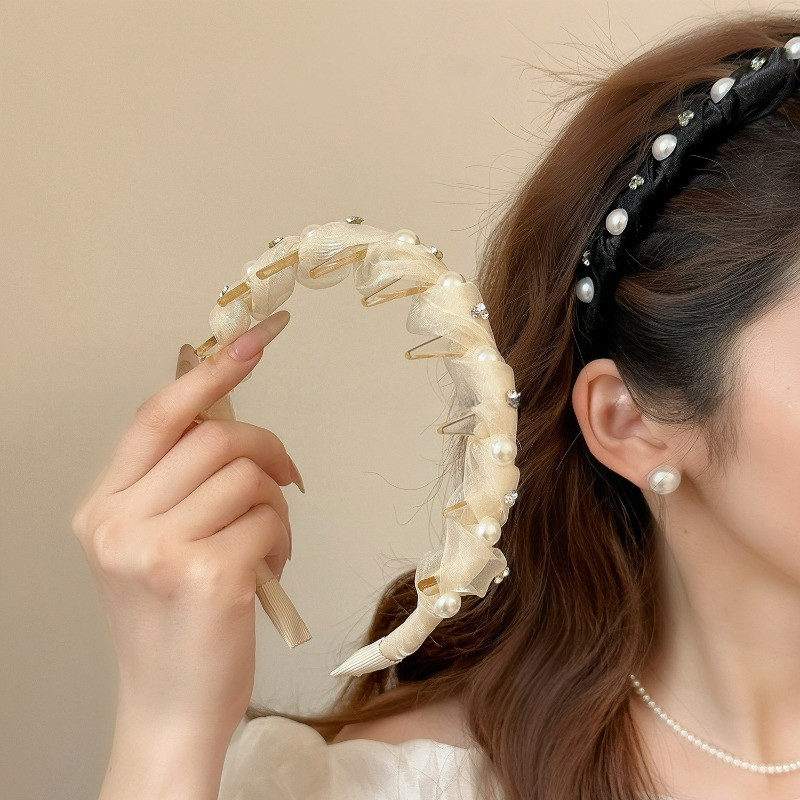 แฟชั่นจีบตาข่ายมุกคาดศีรษะสีทึบ พลอยเทียม ยางรัดผมสำหรับสาวๆ