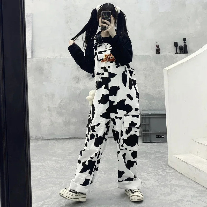 Street Hip-hop Harajuku สาววัวพิมพ์ Oneies Overalls Casual Jumpsuit กางเกง Baggy สีดําสีขาวลายสก๊อตสำหรับผู้หญิง