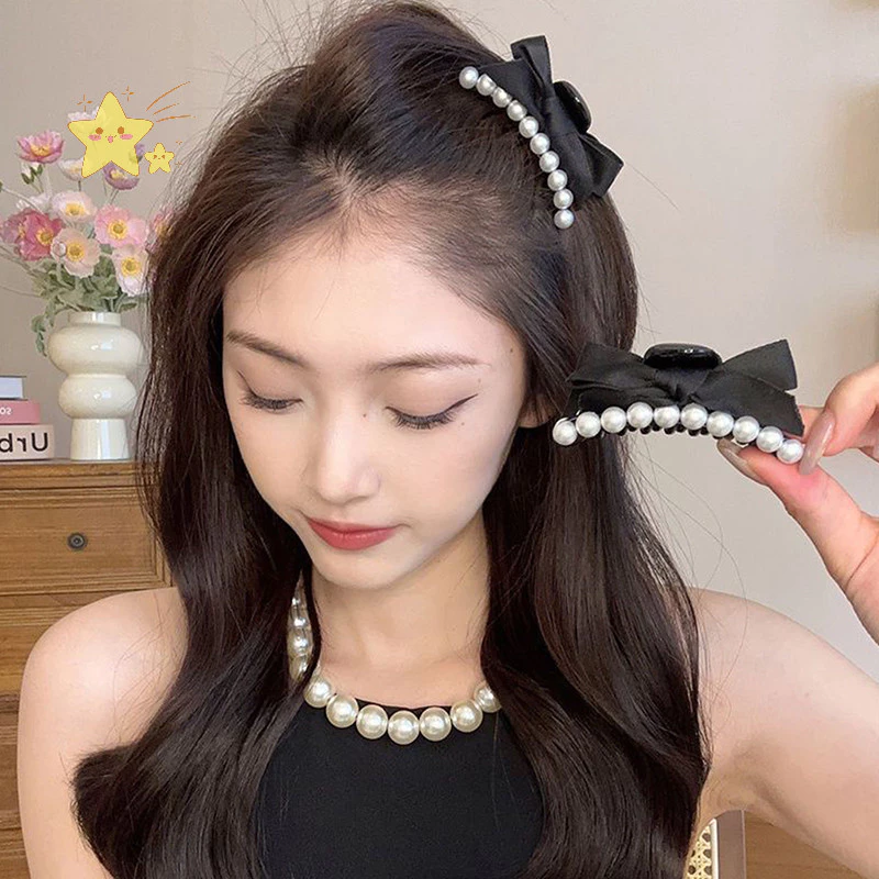 Bow Pearl Small Hair Claw Clips Girls Black Ponytail Holder Barrettes Hair Accessories