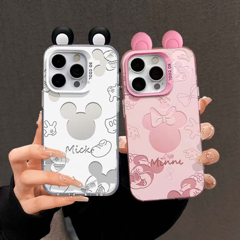 Disney Mickey Minnie เมาส์สําหรับ Samsung Galaxy S25 S24 S23 Ultra S24FE S23FE S20FE กรณีน่ารัก 3D หูคู่เลเซอร์ IMD Matte Hard การ์ตูน