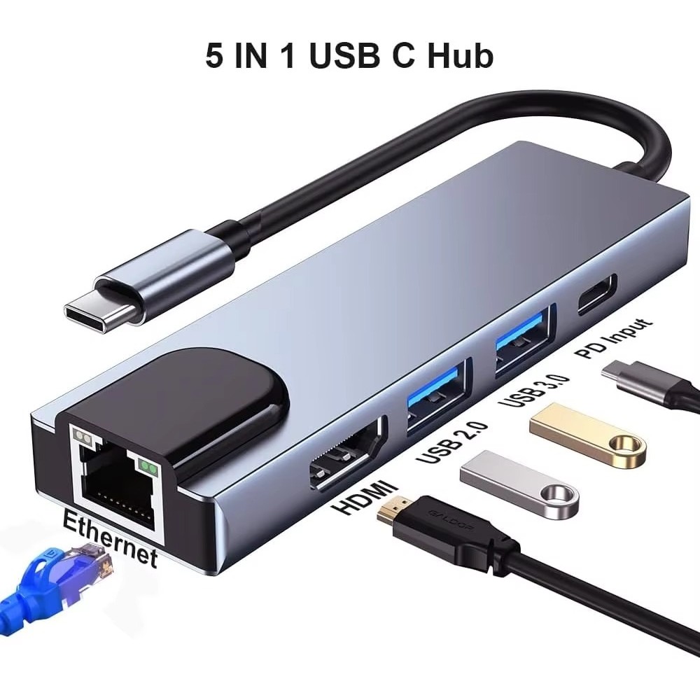 5-in-1 ประเภท C Docking Station HDMI 4K RJ45 100M Ethernet USB 3.0 OTG USB C PD พอร์ตชาร์จประเภท C H