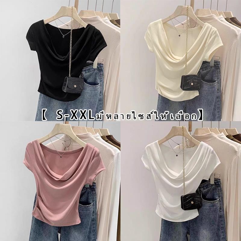 เสื้อครอปเท่ซัมเมอร์ สาวอวบไซส์ใหญ่ คอตัดไม่สมํ่าเสมอ สีทึบสวย ทรงสลิมฟิตบางเบา แฟชั่นใหม่ล่าสุด