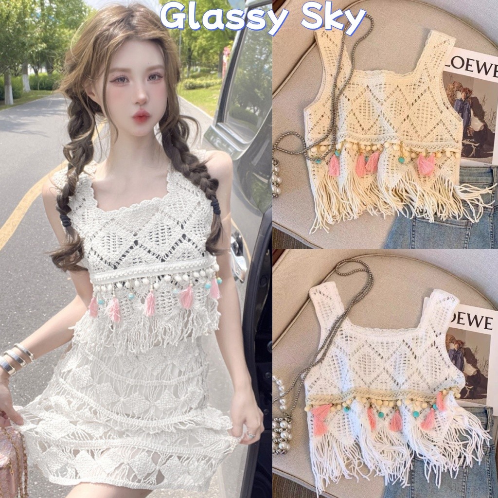 Glassy Sky💖พร้อมส่ง💖 เสื้อถักไหมพรม สไตล์โบฮีเมี่ยน ปลายปล่อย สีพาสเทลคาวาอี้ ใส่สบาย (CX00827)