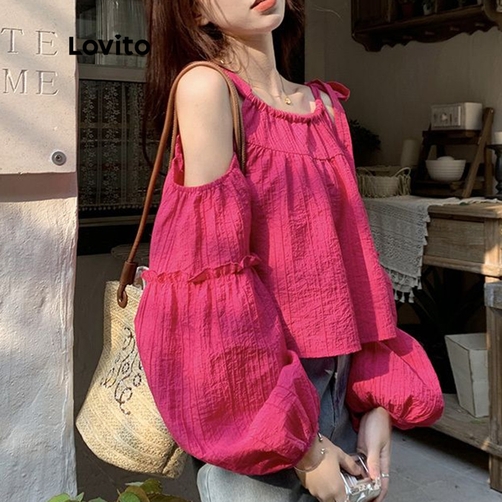 Lovito เสื้อยืดแต่งระบาย ผูกโบหลัง แบบคัทเอ้าท์ สีพื้น สไตล์ลำลอง สำหรับผู้หญิง LNA08129 (สีชมพู)