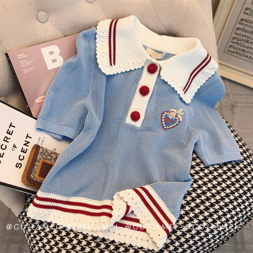 ผู้หญิงตุ๊กตาคอปกถักเสื้อยืดฤดูร้อนแขนสั้น