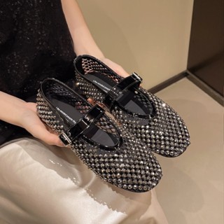 รองเท้าส้นแบนผู้หญิงแบบตาข่ายประดับคริสตัล พื้นยางนุ่ม ปิดนิ…
