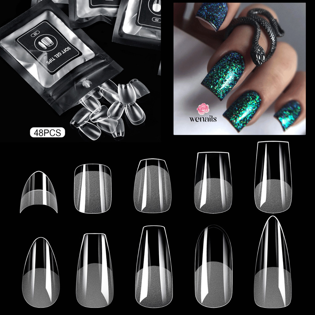 เล็บปลอม PVC 48 ชิ้น Soft Gel Tips ซองสีดำ ต่อเล็บปลอม- wenails