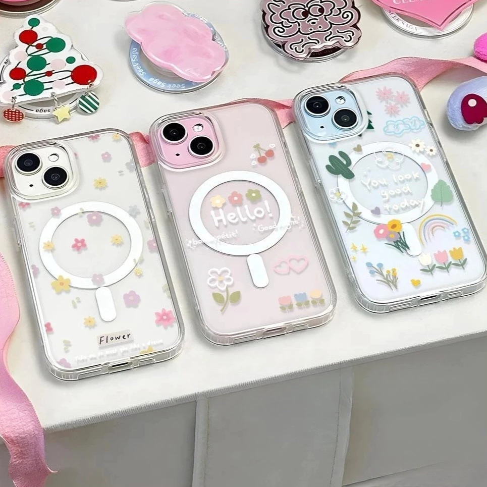 สำหรับ iPhone 17 16 PROMAXเคส iPhone11 เสริมสร้างแม่เหล็กอะคริลิคใสกระดานแข็ง TPU กรอบนุ่มกันกระแทก ดอกไม้ iP14 13 12 15