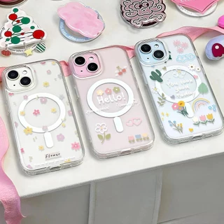 สำหรับ iPhone 17 16 PROMAXเคส iPhone11 เสริมสร้างแม่เหล็กอะคริลิคใสกระดานแข็ง TPU กรอบนุ่มกันกระแทก ดอกไม้ iP14 13 12 15