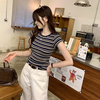 BH ฤดูร้อนผู้หญิงสี-Contrast ลายผ้าฝ้ายนุ่มแขนสั้นเสื้อยืดไหล่ปิดสำหรับ