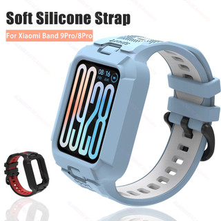 สายซิลิโคนสําหรับ Xiaomi Mi Smart Band 10 9 8 Pro กรณีกีฬา Smartwatch สายคล้องคอสําหรับ Mi Band 9Pro 10Pro TPU แบบบูรณาการ Anti-Drop สายรัดข้อมือ