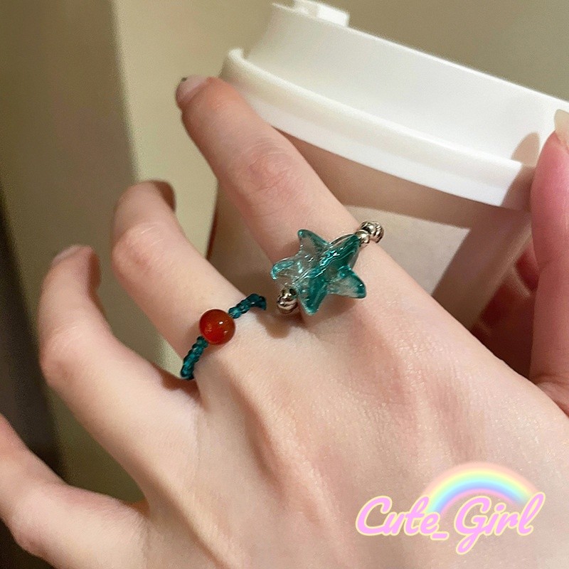 Cute_Girl ✨✨ แหวนผู้หญิง สีเขียวมิ้นต์ ปลาดาวและลูกปัด แฟชั่นบุคลิกภาพ แหวนสวยๆ