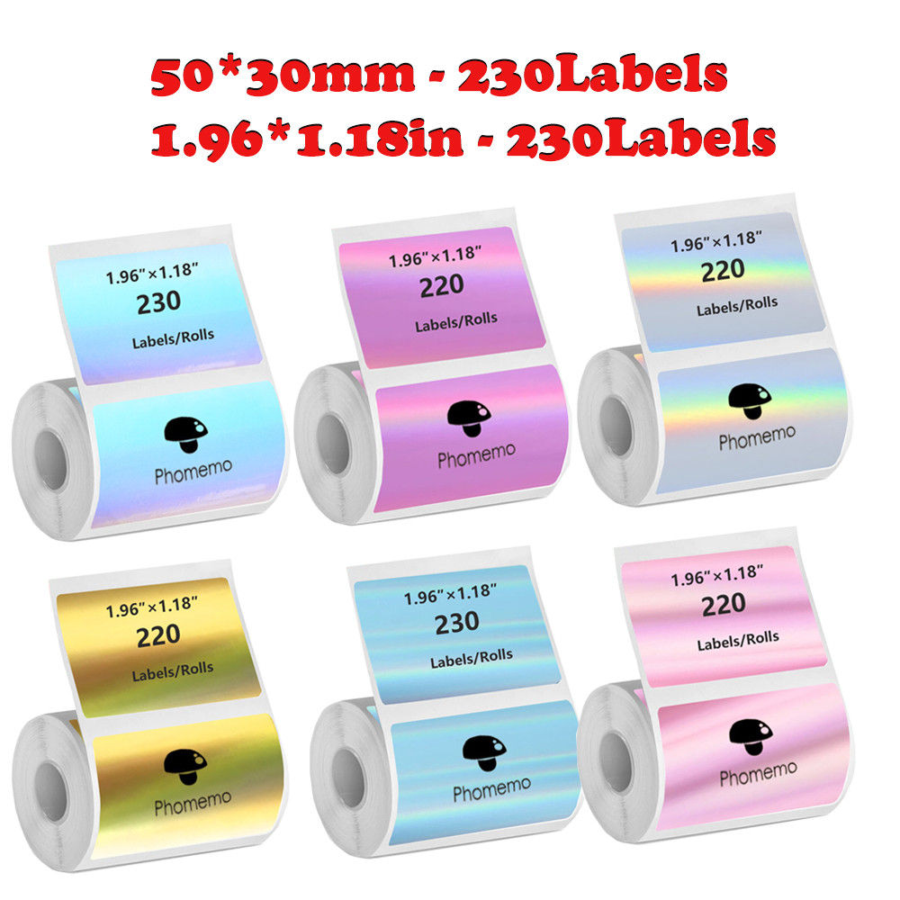 กระดาษฉลากเลเซอร์โฮโลแกรมสี 1 ม้วน 50x30 มม. สติ๊กเกอร์พิมพ์ความร้อนกันน้ําและน้ํามันเข้ากันได้กับ Phomemo M220 M200 M221 M110 P50 เครื่องพิมพ์ความร้อน